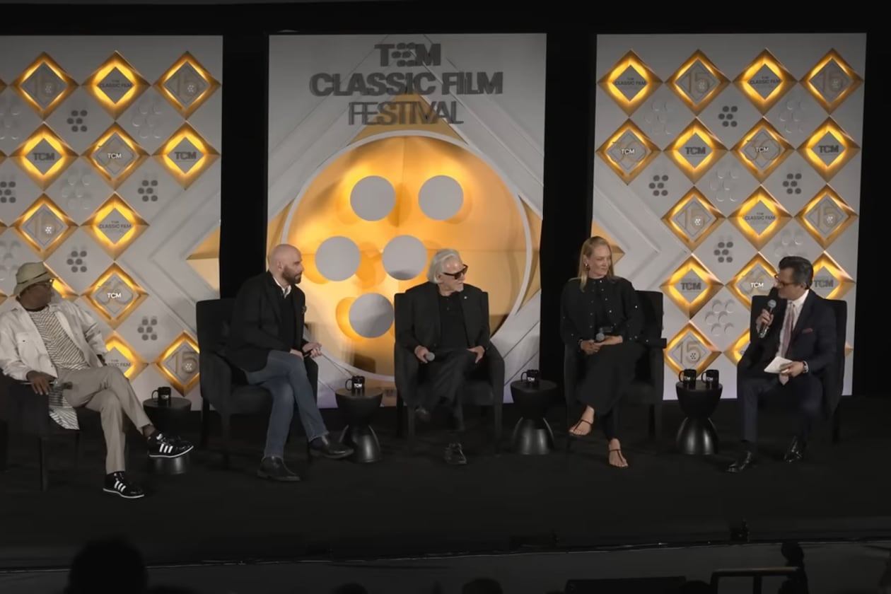(From left): Samuel L. Jackson, John Travolta, Harvey Keitel and Uma Thurman discuss the 30th anniversary of "Pulp Fiction" with TCM host Ben Mankiewicz during the 2024 TCM Film Festival. (Courtesy of TCM)