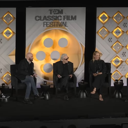 (From left): Samuel L. Jackson, John Travolta, Harvey Keitel and Uma Thurman discuss the 30th anniversary of "Pulp Fiction" with TCM host Ben Mankiewicz during the 2024 TCM Film Festival. (Courtesy of TCM)