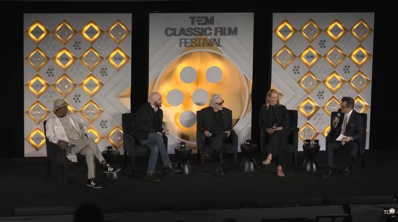 (From left): Samuel L. Jackson, John Travolta, Harvey Keitel and Uma Thurman discuss the 30th anniversary of "Pulp Fiction" with TCM host Ben Mankiewicz during the 2024 TCM Film Festival. (Courtesy of TCM)