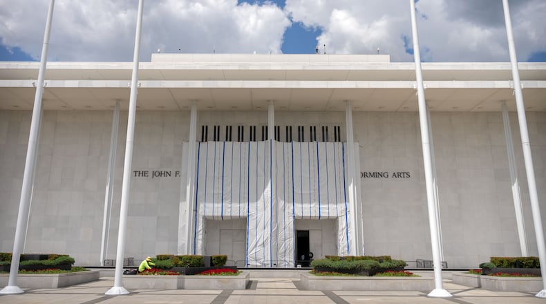 The exterior of the Kennedy Center is seen, Friday, July 31, 2026, in Washington. (AP Photo/Mark Schiefelbein)