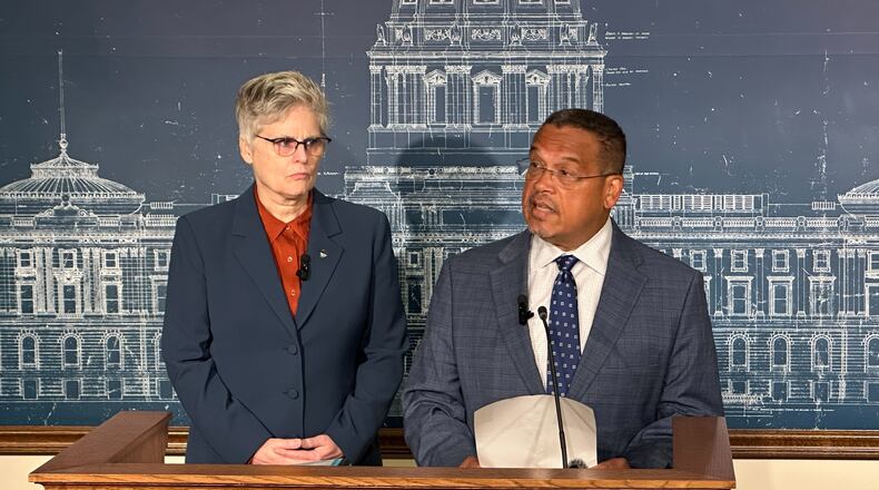 Minnesota Attorney General Keith Ellison, right, speaks during a news conference as Hennepin County Attorney Mary Moriarty looks on, Tuesday, Aug. 18, 2026, in St. Paul, Minn. (AP Photo/Mark Vancleave)