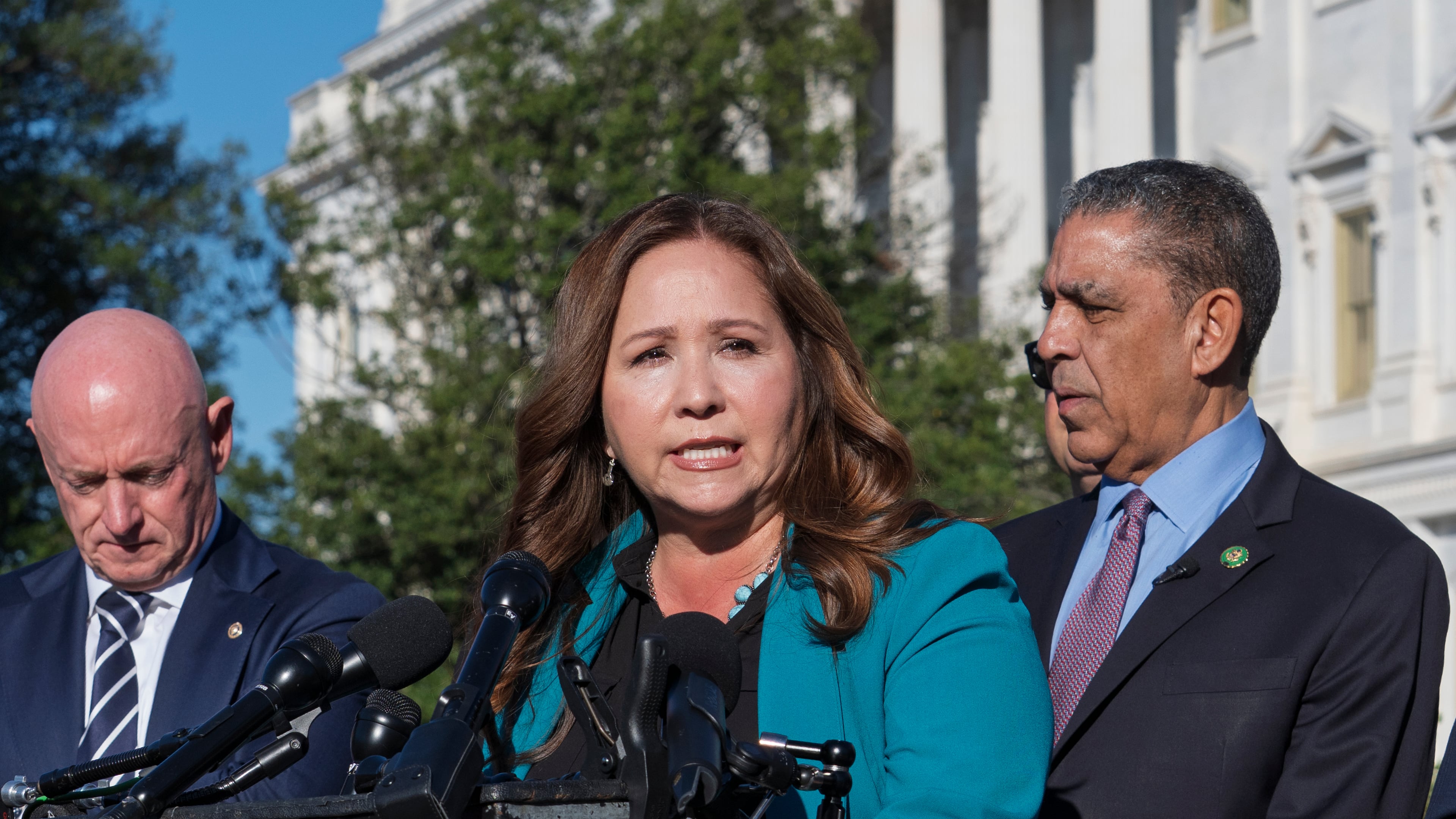 FILE - Rep.-elect Adelita Grijalva, D-Ariz., speaks at the Capitol in Washington, Oct. 15, 2025. (AP Photo/J. Scott Applewhite, File)