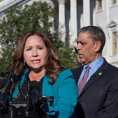 FILE - Rep.-elect Adelita Grijalva, D-Ariz., speaks at the Capitol in Washington, Oct. 15, 2025. (AP Photo/J. Scott Applewhite, File)