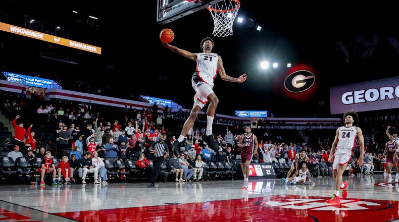 Georgia forward Jake Wilkins (21) during Georgia’s game against Maryland Eastern Shore at Stegeman Coliseum in Athens, Ga., on Wednesday, Nov. 5, 2025.