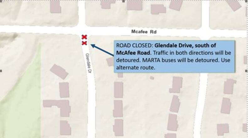 Glendale Drive south of McAfee Road will be closed for three days starting Aug. 22. CONTRIBUTED