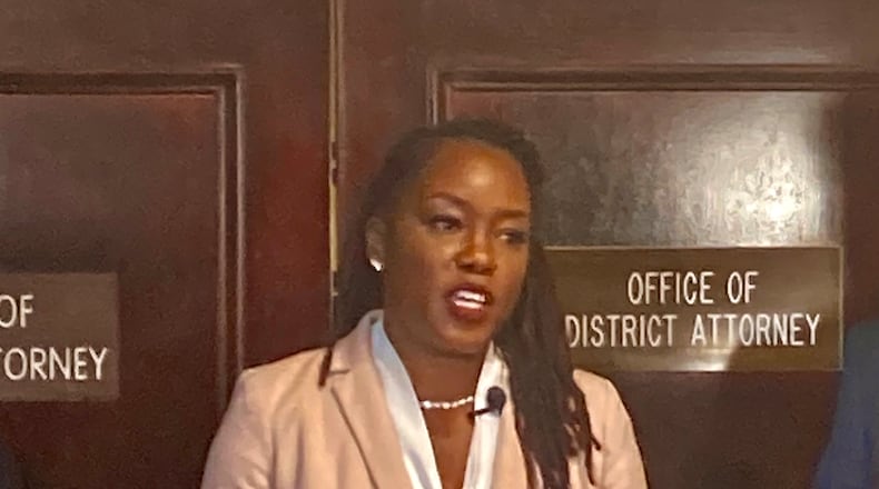 Chatham County District Attorney Shalena Cook Jones dismissed charges in five murder cases Thursday. She made the announcement at the Chatham County Courthouse in downtown Savannah. (Adam Van Brimmer/AJC)