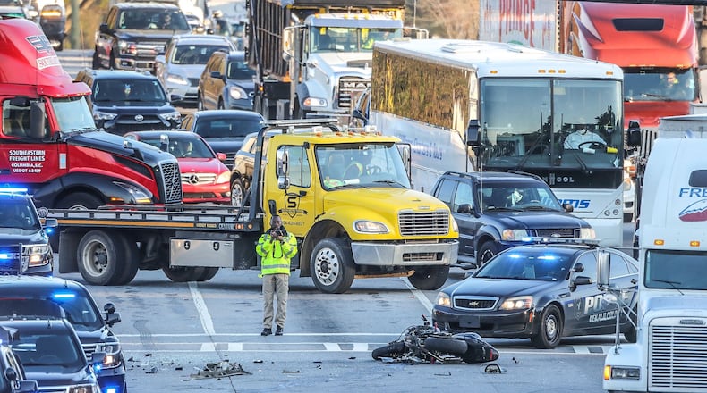 A fatal crash closed all southbound lanes of Moreland Avenue at South River Industrial Boulevard in DeKalb County on Monday morning. According to police, a motorcyclist was killed.