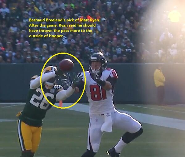 Green Bay cornerback Bashaud Breeland made a key interception and returned it 22 yards for a touchdown. Falcons quarterback Matt Ryan said he should have placed the ball more to the outside of Falcons tight end Austin Hooper.