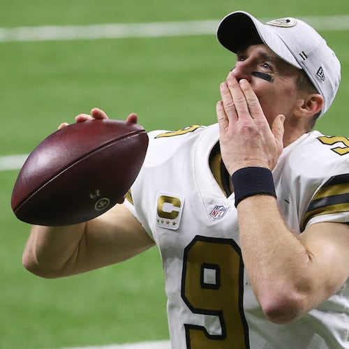 Drew Brees of the New Orleans Saints blows a kiss after defeating the Minnesota Vikings at Mercedes-Benz Superdome on December 25, 2020 in New Orleans, Louisiana. Brees was one of five players elected into the Pro Football Hall of Fame on Thrusday. (Chris Graythen/Getty Images)