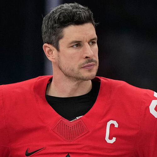 Canada's Sidney Crosby (87) reacts after Canada lost to the United States in a men's ice hockey gold medal game between Canada and the United States at the 2026 Winter Olympics, in Milan, Italy, Sunday, Feb. 22, 2026. (AP Photo/Petr David Josek)