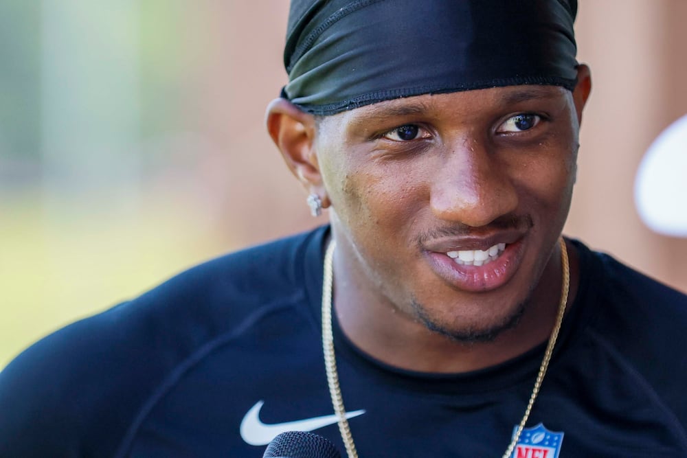 Falcons quarterback Michael Penix Jr. makes good eye contact with whoever's standing next to our photographer.
