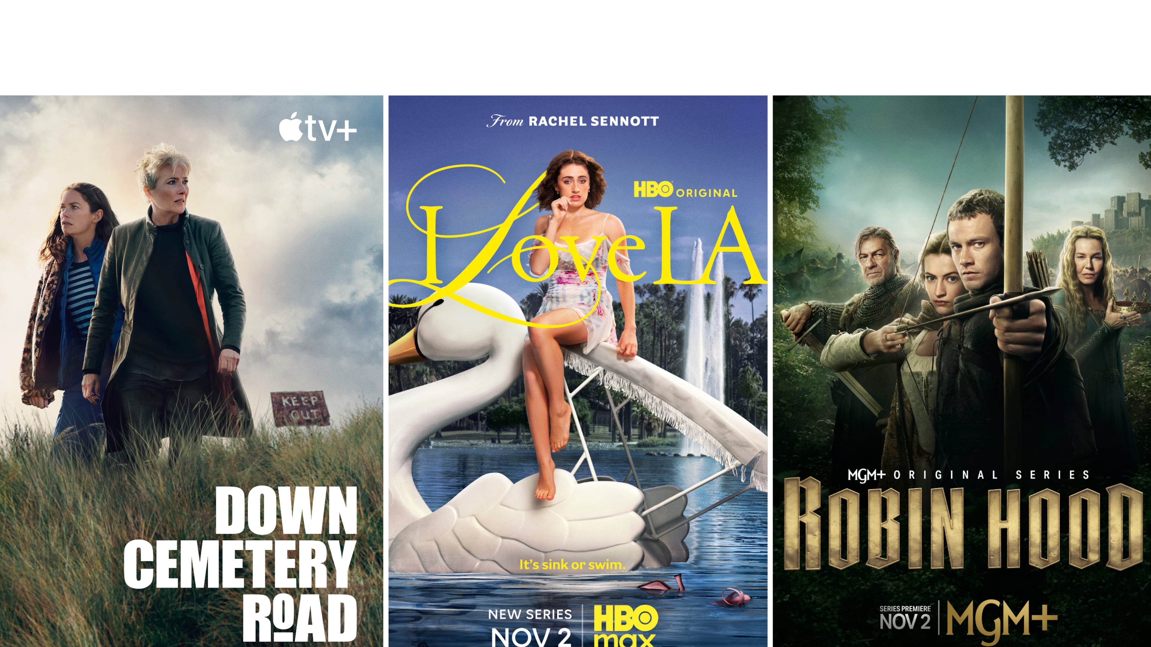 This combination of images shows promotional art for the series "Down Cemetery Road," from left, "I Love LA," and "Robin Hood." (Apple TV+/HBO Max/MGM+ via AP)