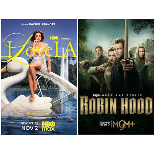 This combination of images shows promotional art for the series "Down Cemetery Road," from left, "I Love LA," and "Robin Hood." (Apple TV+/HBO Max/MGM+ via AP)