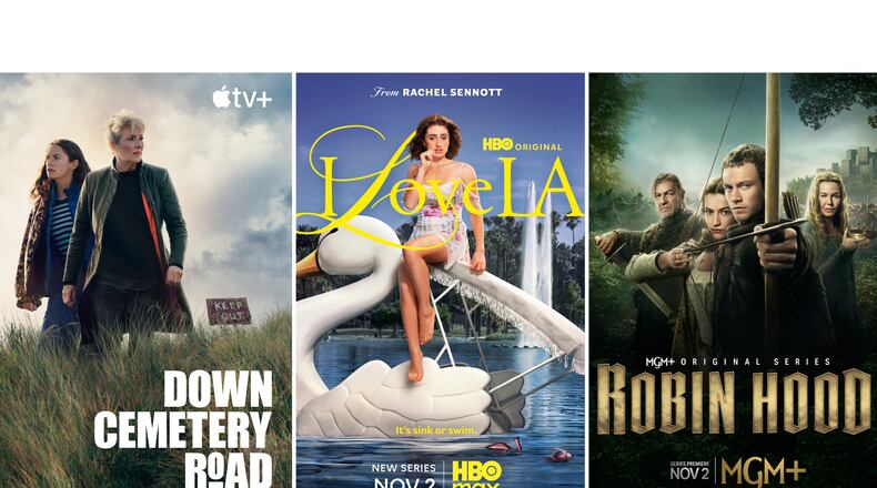 This combination of images shows promotional art for the series "Down Cemetery Road," from left, "I Love LA," and "Robin Hood." (Apple TV+/HBO Max/MGM+ via AP)
