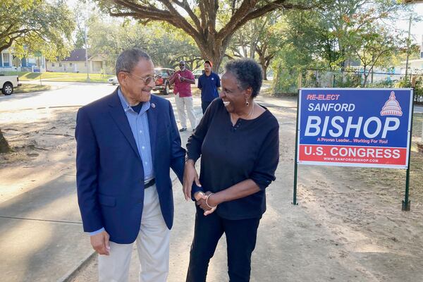 U.S. Rep. Sanford Bishop speaks with a supporter on Friday, Oct. 7, 2022, at a campaign event in Albany. At the time, Bishop was a 30-year incumbent who was being challenged by Republican developer Chris West in southwest Georgia’s 2nd Congressional District. (Jeff Amy/AP 2022)