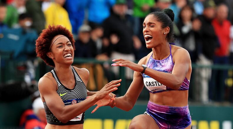 EUGENE, OR - JULY 08: Brianna Rollins and Kristi Castlin celebrate after the Women’s 100 Meter Hurdles Final during the 2016 U.S. Olympic Track & Field Team Trials at Hayward Field on July 8, 2016 in Eugene, Oregon. (Photo by Cliff Hawkins/Getty Images)