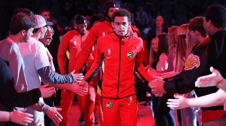 Hawks guard Trae Young takes the court to play the Phoenix Suns Tuesday, Jan. 14, 2020, at State Farm Arena in Atlanta.