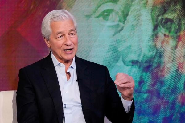 JPMorgan CEO Jamie Dimon is interviewed by Maria Bartiromo on the "Mornings with Maria Bartiromo" program, on the Fox Business Network, in New York Wednesday, April 9, 2025. (AP Photo/Richard Drew)