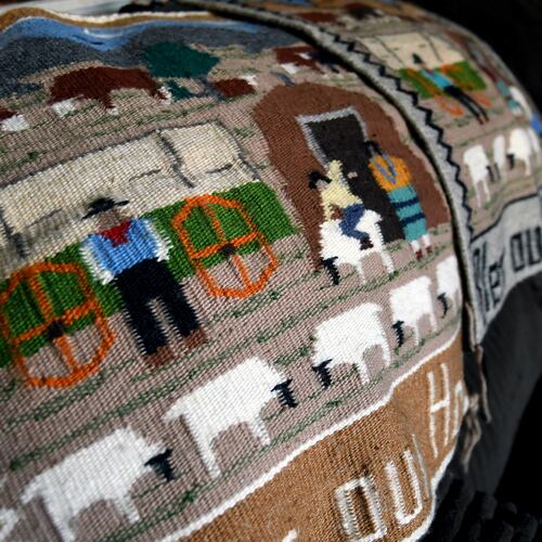 FILE - Weavings created by Ella Mae Begay, who went missing from her home, are displayed in her son's home in Denver, April 2, 2026. (AP Photo/Thomas Peipert,File)