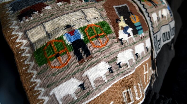 FILE - Weavings created by Ella Mae Begay, who went missing from her home, are displayed in her son's home in Denver, April 2, 2026. (AP Photo/Thomas Peipert,File)