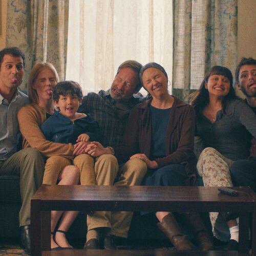 Skyler Bible,from left, Lucy Boynton, Oliver Diego Silva, David Duchovny, Hope Davis, Ariela Barer and Cooper Raiff appear in a scene from "See You When I See You" by Jay Duplass, an official selection of the 2026 Sundance Film Festival. (Jim Frohna/Sundance Institute via AP)