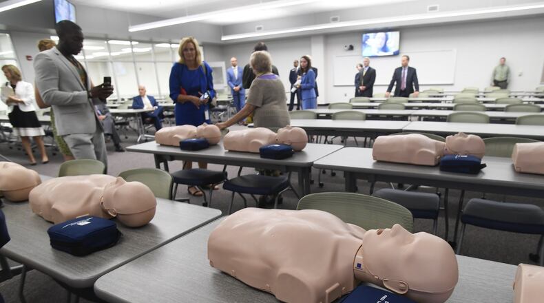 CPR dummies lie on a table in a lecture at McClure Health Science High School in Gwinnett County. CPR and the use of automatic external defibrillators increase odds of surviving sudden cardiac arrest. JOHN AMIS / SPECIAL TO THE AJC
