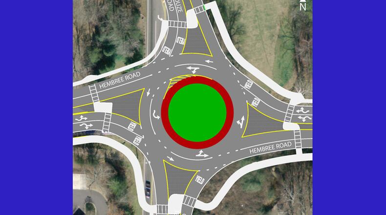 Engineer’s drawing depicts the multi-lane roundabout — one of Georgia’s first — being constructed at Houze and Hembree roads in Roswell. CITY OF ROSWELL