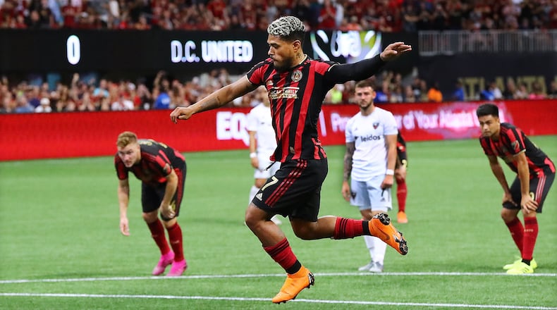 Atlanta United forward Josef Martinez gets some air on a penalty kick against D.C. United making a rare miss during thier soccer match on Sunday, July 21, 2019, in Atlanta.   Curtis Compton/ccompton@ajc.com