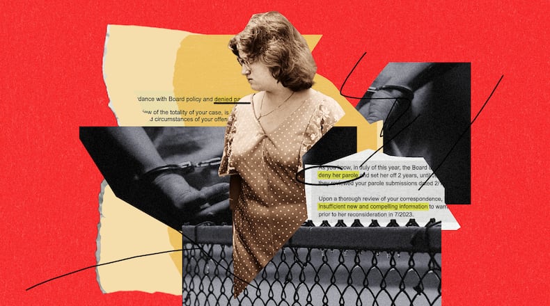 Janice Buttrum has been denied parole five times in the last 44 years. She was imprisoned at 17 for her role in a murder and sexual assault of a young woman in North Georgia. Given the crime, she must do more time, the board told her. (Photo illustration: Philip Robibero/AJC)