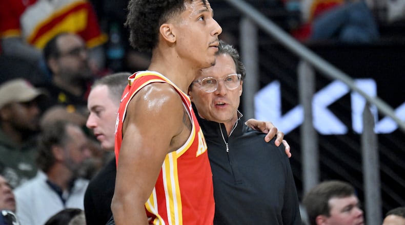 Atlanta Hawks forward Jalen Johnson has averaged 21.5 points, 9.5 rebounds and 6.3 assists this season, increasing his average to 7.4 assists in the games since Trae Young went out with an injury. (Hyosub Shin/AJC)