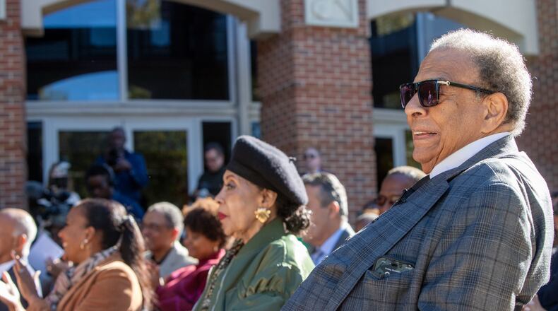 Former Mayor Andrew Young is celebrated at a ceremony unveiling a new MARTA bus featuring him and his civil rights legacy at the Ray Charles Performing Arts Center at Morehouse College on Friday, November 15, 2024.  (Jenni Girtman for The Atlanta Journal-Constitution)