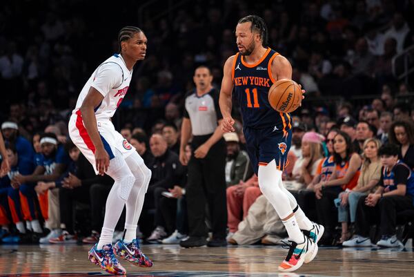 New York Knicks guard Jalen Brunson (11) looks for an opening against the Detroit Pistons during the first half of Game 2 of an NBA basketball first-round playoff series, Monday, April 21, 2025, in New York. (AP Photo/Angelina Katsanis)