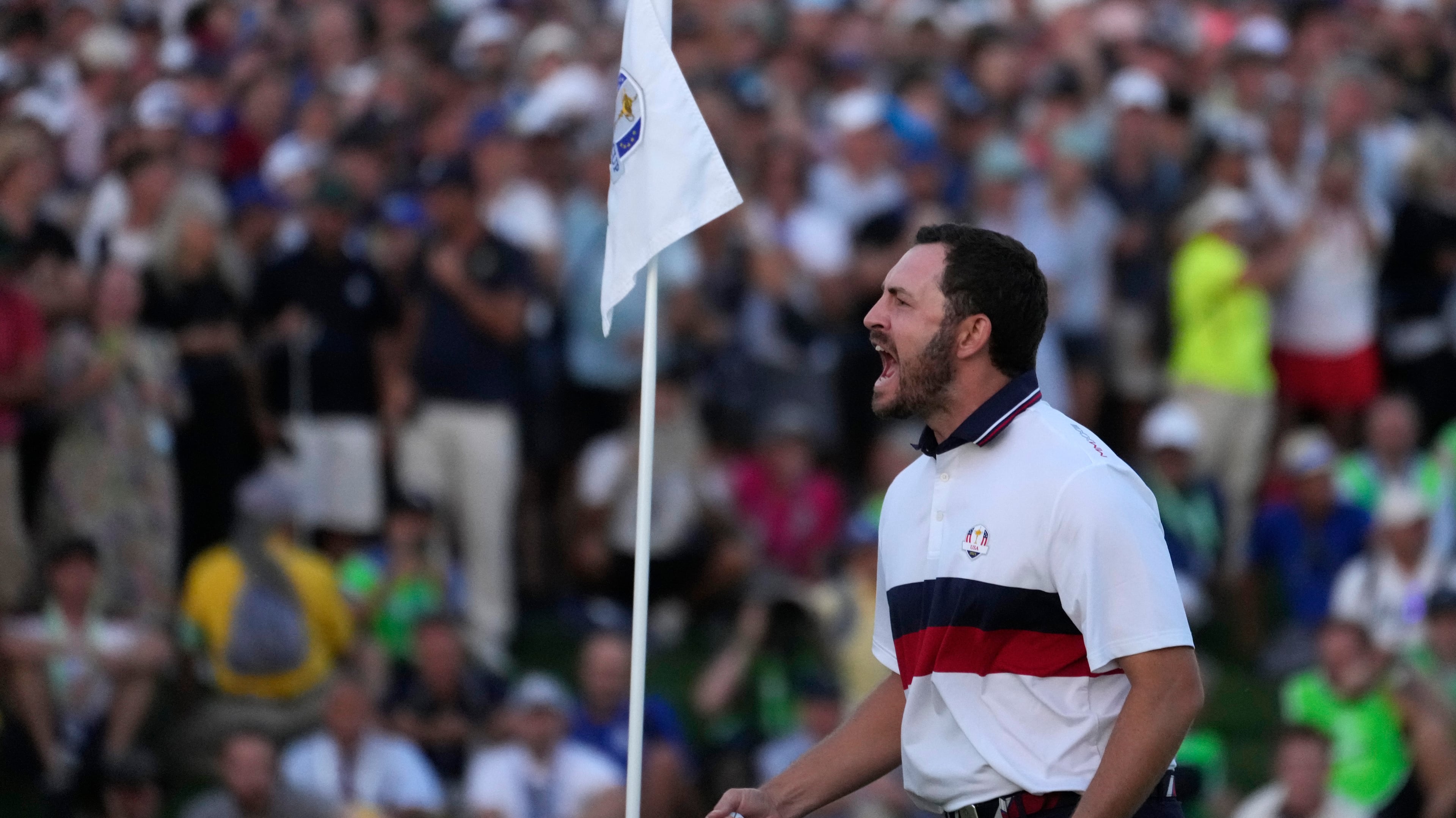FILE - United States' Patrick Cantlay celebrates after holing his putt that led to him winning his afternoon Fourballs match on the 18th green at the Ryder Cup golf tournament at the Marco Simone Golf Club in Guidonia Montecelio, Italy, Sept. 30, 2023. (AP Photo/Andrew Medichini, File)