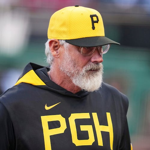 FILE - Pittsburgh Pirates manager Derek Shelton walks to the dugout before a baseball game against the Cleveland Guardians in Pittsburgh, April 18, 2025. (AP Photo/Gene J. Puskar, File)