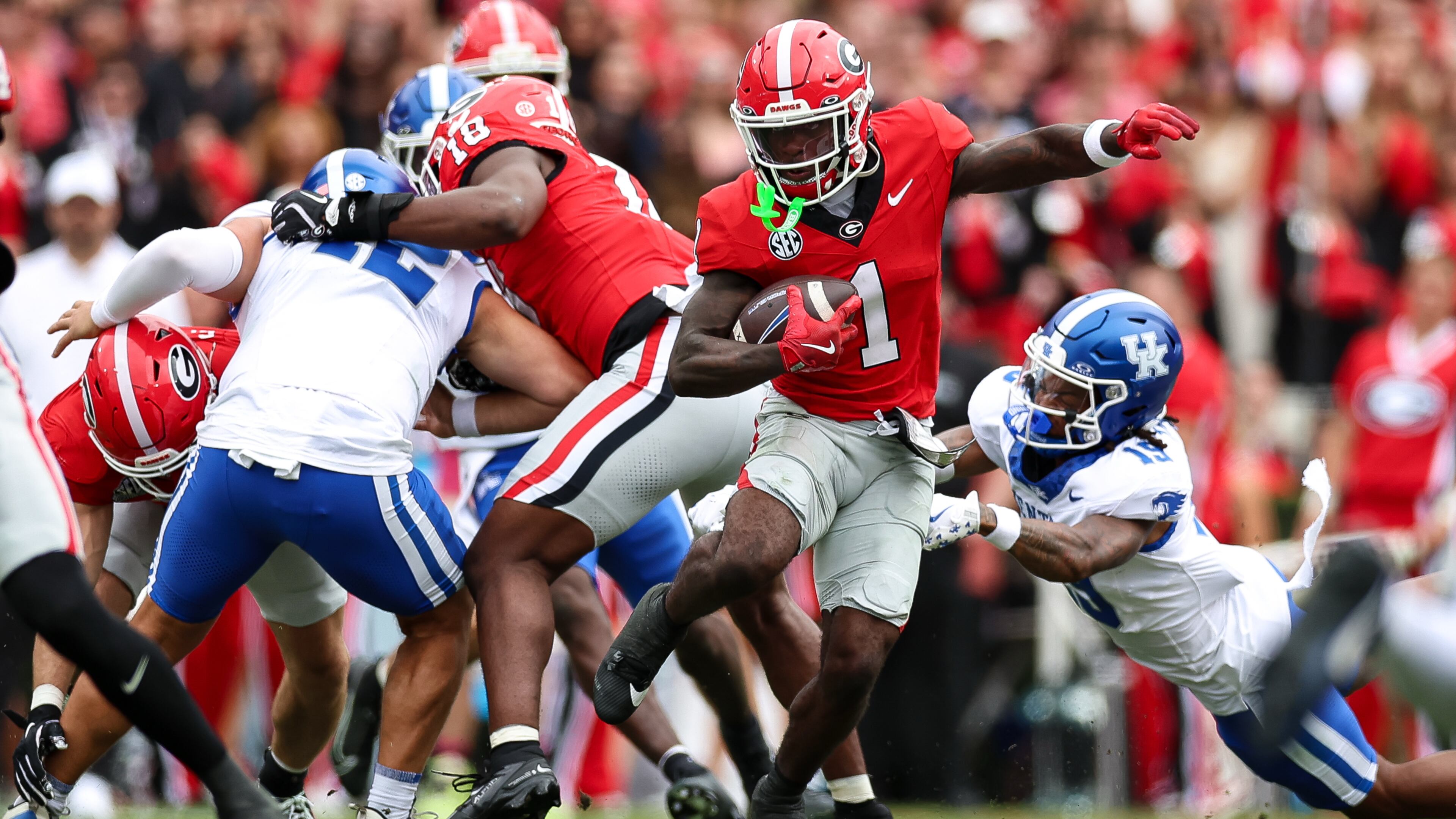 Georgia wide receiver Zachariah Branch runs with the ball during the first half of an NCAA college football game against Kentucky, Saturday, Oct. 4, 2025, in Athens, Ga. (Colin Hubbard/AP)