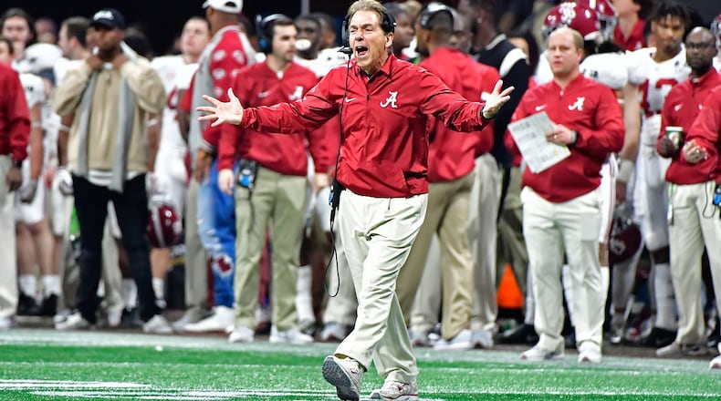 Alabama coach Nick Saban shouts instructions in the second half during College Football Playoff Championship game at Mercedes-Benz Stadium on Monday, January 8, 2018. Alabama came back from a 13-point second-half deficit after switching to the young quarterback in a dramatic 26-23 overtime victory over Georgia. HYOSUB SHIN / HSHIN@AJC.COM