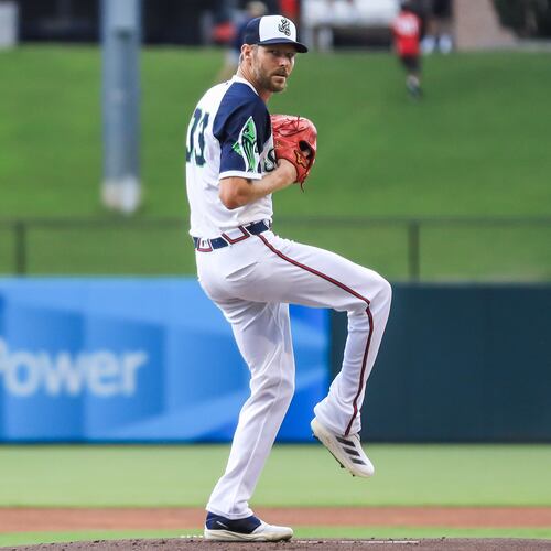 Braves pitcher Chris Sale winds up for the Triple-A Gwinnett Stripers against the Louisville Bats August 12, 2025. Sale was making his first rehab assignment after suffering a fractured ribcage in June. (Photo courtesy Gwinnett Stripers/Maddie LoRae)