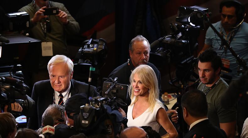ST LOUIS, MO - OCTOBER 09: Kellyanne Conway, campaign manager for the Donald Trump campaign, talks with Chris Matthews in the spin room following the second presidential debate with democratic presidential nominee former Secretary of State Hillary Clinton and republican presidential nominee Donald Trump at Washington University on October 9, 2016 in St Louis, Missouri. This is the second of three presidential debates scheduled prior to the November 8th election. (Photo by Justin Sullivan/Getty Images)