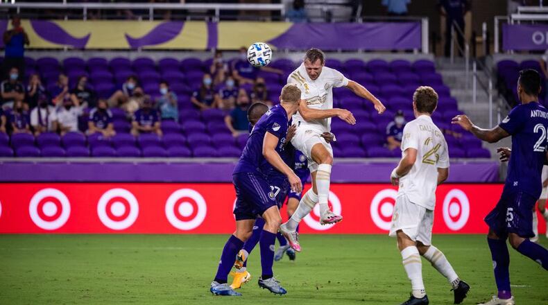 Atlanta United's Adam Jahn scores the game-tying goal against Orlando on Saturday at Exploria Stadium.
