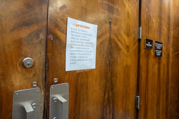 A sign is posted outside of county Judge Hannah Dugan's courtroom at the Milwaukee County courthouse, on Friday, April 25, 2025, in Milwaukee. (AP Photo/Andy Manis)