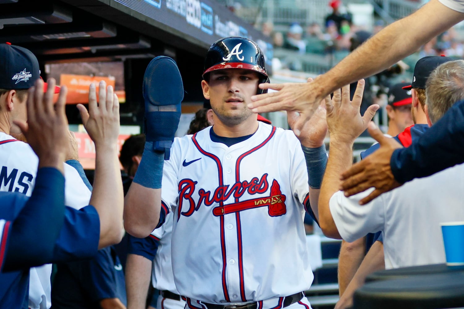 Atlanta Braves third base Austin Riley (27) it’s congratulated by teammates after scoring his run during the third inning against the Washington Nationals on Monday, May 12, 2025, in Atlanta.  
(Miguel Martinez/ AJC)