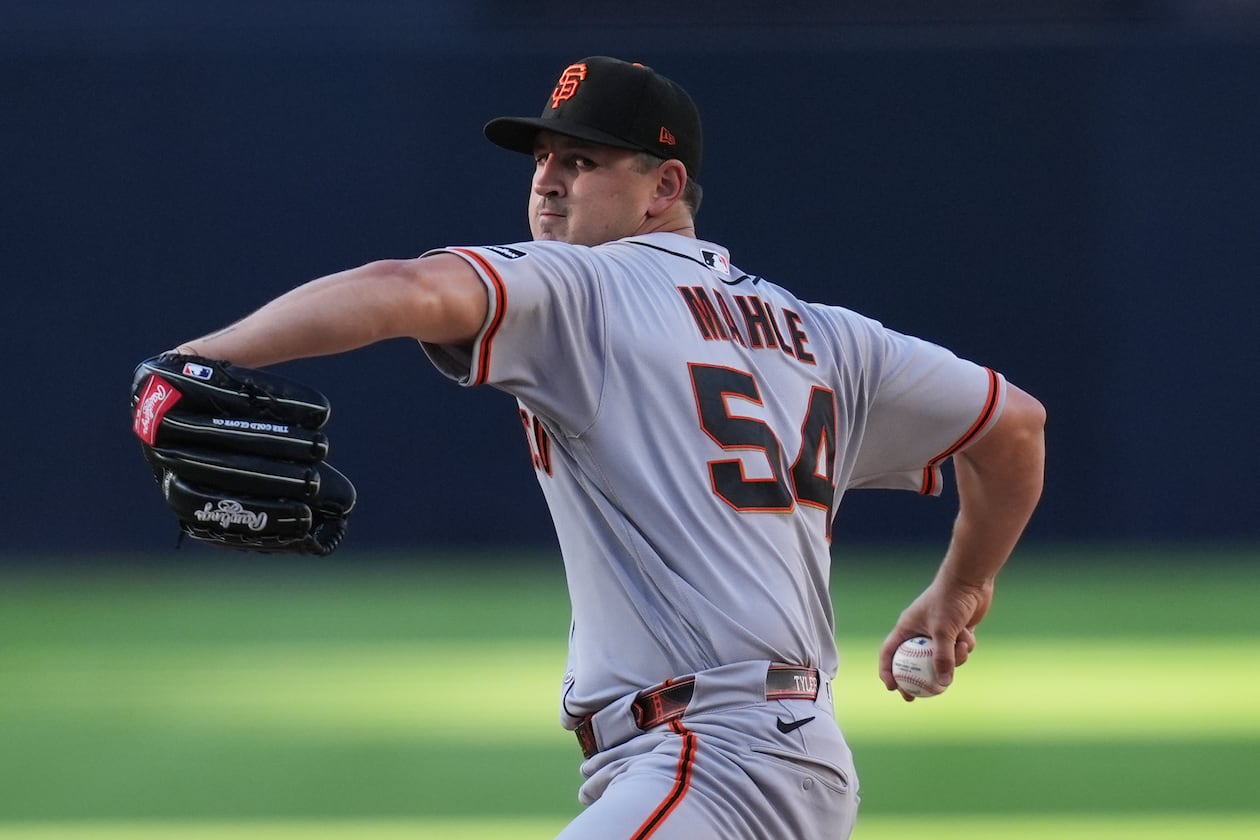 Then-Giants starting pitcher Tyler Mahle works against a San Diego Padres batter on Saturday, Aug. 1, 2026, in San Diego. Mahle spent his first full day with the Braves on Tuesday at Truist Park. (Gregory Bull/AP)