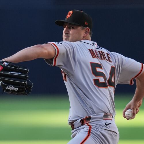 San Francisco Giants starting pitcher Tyler Mahle works against a San Diego Padres batter during the second inning of a baseball game Saturday, Aug. 1, 2026, in San Diego. (AP Photo/Gregory Bull)