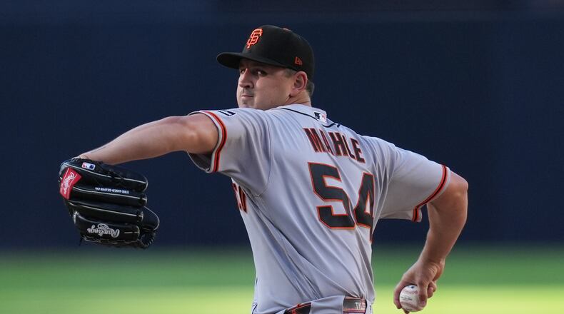 Then-Giants starting pitcher Tyler Mahle works against a San Diego Padres batter on Saturday, Aug. 1, 2026, in San Diego. Mahle spent his first full day with the Braves on Tuesday at Truist Park. (Gregory Bull/AP)