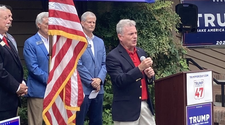 U.S. Rep. Buddy Carter, R-St. Simons Island, speaks at the opening of a Donald Trump campaign office in Savannah. (Adam Van Brimmer/AJC 2024)