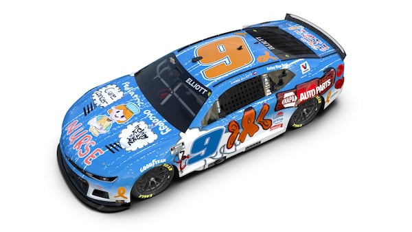 Georgia native Chase Elliott's paint scheme for the June 28, 2025, race at Atlanta was designed by 11-year-old Rhealynn Mills. (Courtesy of Hendrick Motorsports)