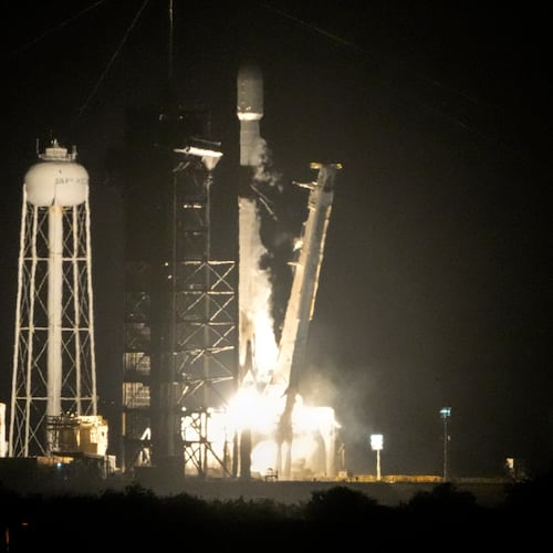 FILE - A SpaceX Falcon 9 rocket lifts off from pad 39A with a payload of a pair of lunar landers at the Kennedy Space Center in Cape Canaveral, Fla., Jan. 15, 2025. (AP Photo/John Raoux, File)