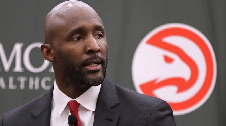 The Atlanta Hawks head coach Lloyd Pierce is introduced Monday, May 14, 2018, in Atlanta.