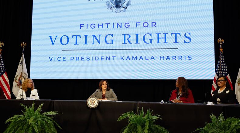Vice President Kamala Harris speaks to voting rights activists and elected officials during a round table at the Gathering Spot in Atlanta on Tuesday, January 9, 2024, in Atlanta. For Biden and Harris, the visits to Georgia and other political battlegrounds are part of an early 2024 campaign swing that aims to energize Black and Latino voters. (Miguel Martinez /miguel.martinezjimenez@ajc.com_