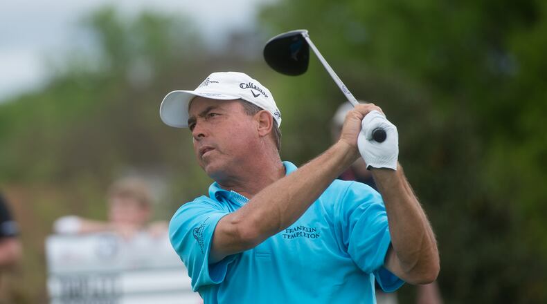 Olin Browne tees off at the first hole at the Greater Gwinnett Championship on Saturday at TPC Sugarloaf in Duluth.